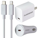 PureGear 20W USB-C Wall & Car Charger w/ USB-C to Lightning 8-Pin Cable - White