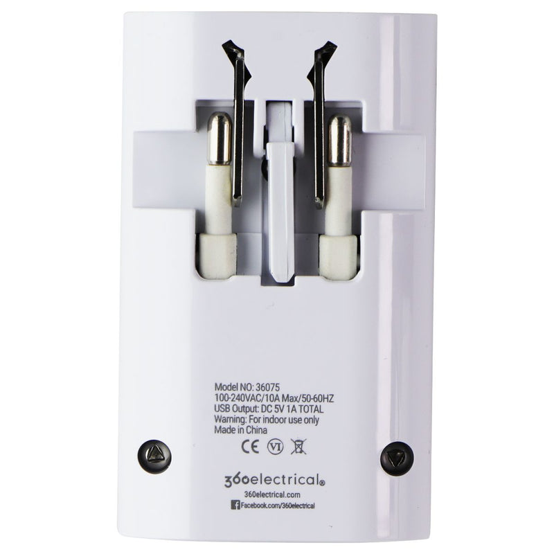 360 Electrical 2 Outlet Adapter 1A USB for US/China/Israel/UK/EU - White