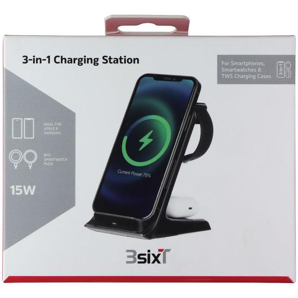 3sixT 3-in-1 Wireless Charging Station for Smartphones/Smartwatches - Black (AU)