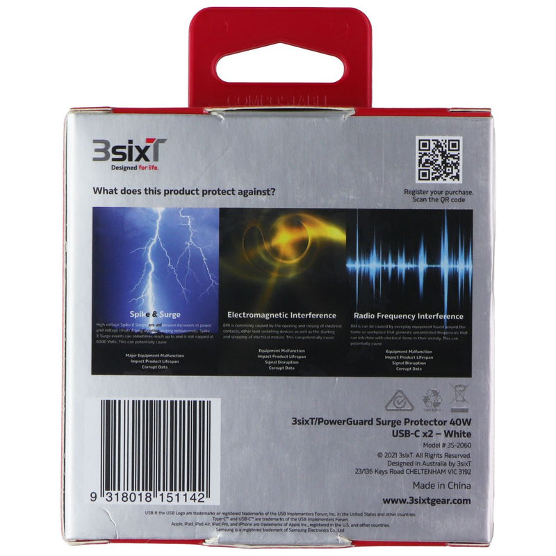 3SIXT PowerGuard Surge Protector 40W Dual USB-C PD Wall Charger - White (AU)