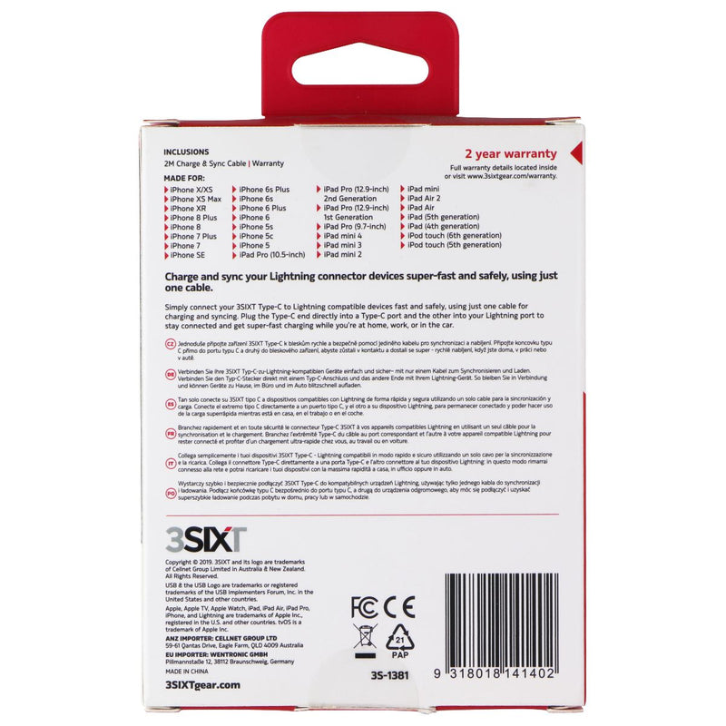 3sixT (2M/6 Foot) USB-C to Lightning 8-Pin Charge/Sync MFi Cable - Black