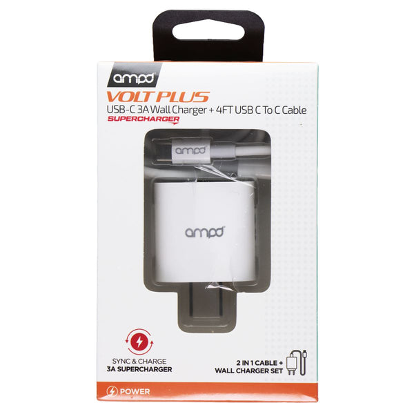AMPD Volt Plus USB-C 3A Wall Charger & 4FT USB-C to USB-C Cable - White