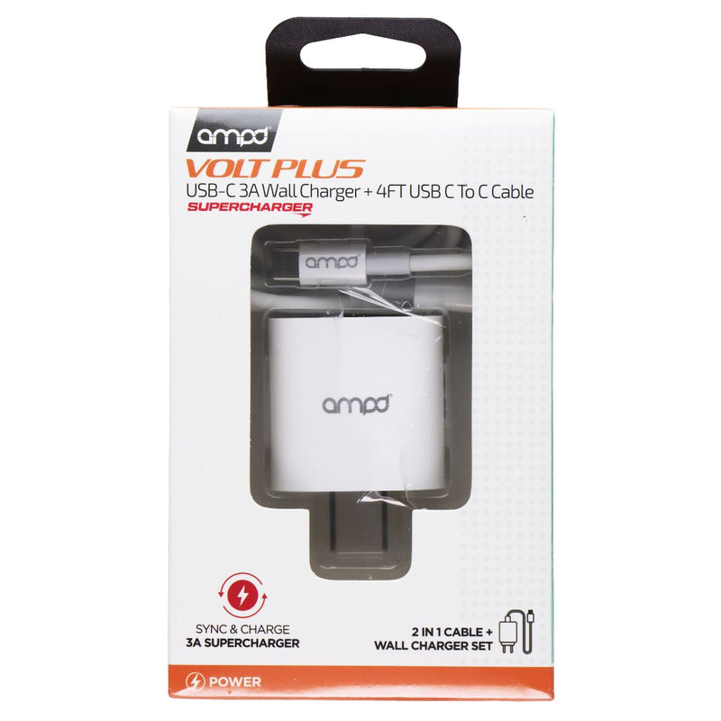 AMPD Volt Plus USB-C 3A Wall Charger & 4FT USB-C to USB-C Cable - White