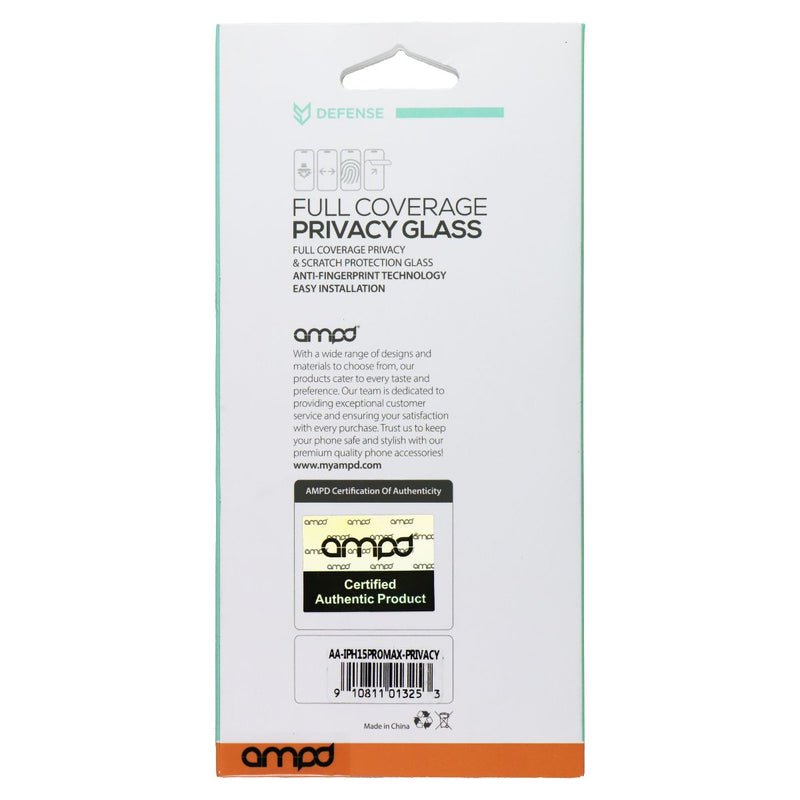 Ampd Full Coverage Privacy Glass Screen Protector for Apple iPhone 15 Pro Max