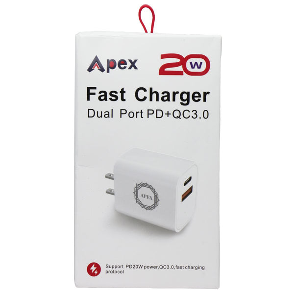 Apex (20W) Fast Charger Dual-Port (USB and USB-C) PD+QC3.0 Power Adapter - White
