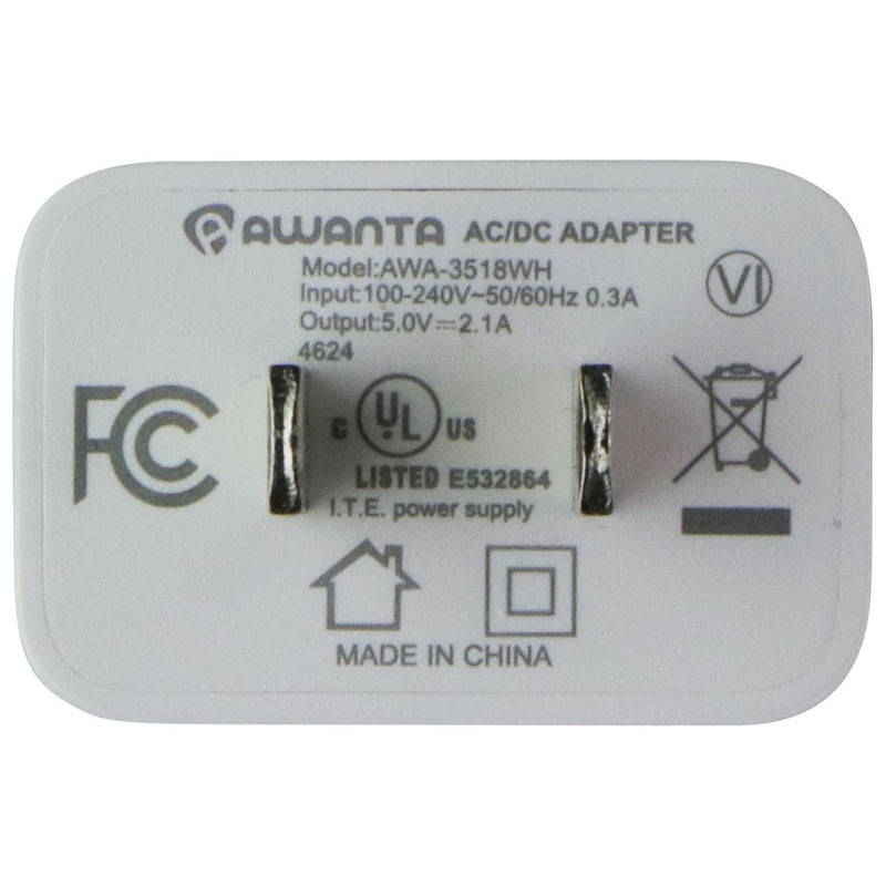 Awanta 5V/2.1A USB-A AC/DC Adapter Wall Charger (AWA-3518WH) - White