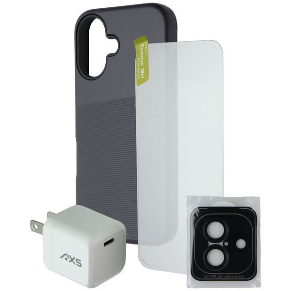 AXS Essential Bundle - Case/Screen/Charger/Lens for Apple iPhone 16 - Black