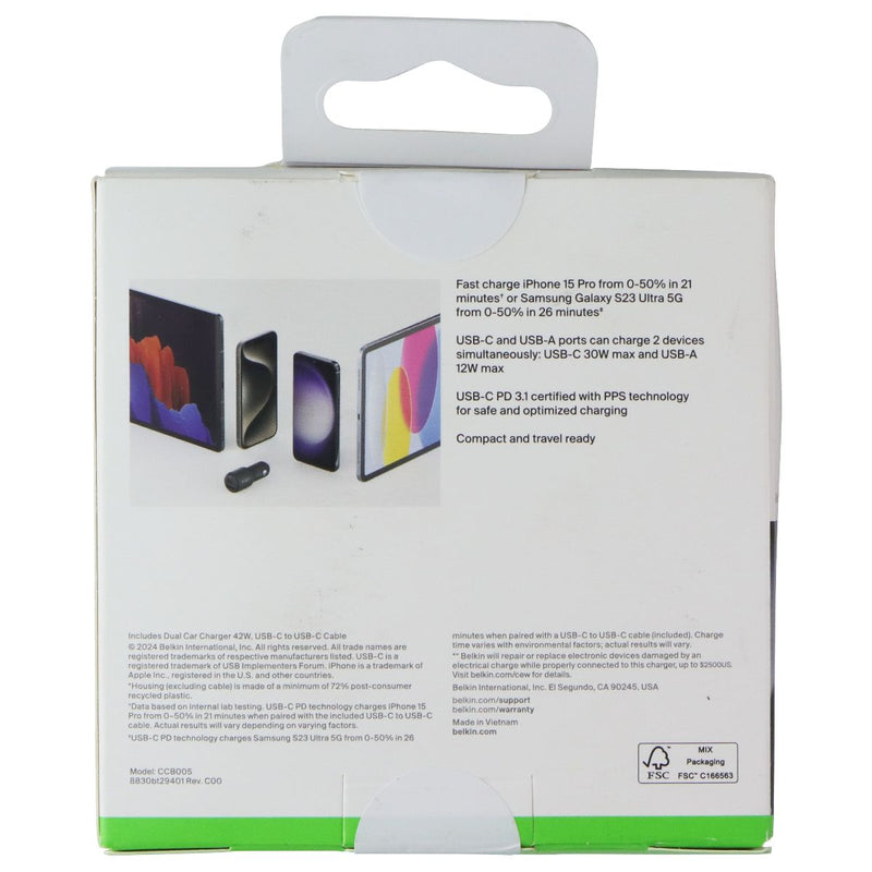 Belkin BoostCharge 42W Dual USB-A/USB-C Car Charger with USB-C Cable - Black