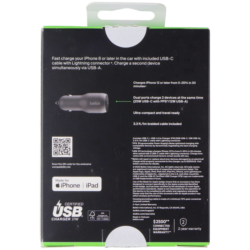 Belkin BoostCharge 37W USB-C/USB-A Car Charger w/ USB-C to 8-Pin Cable - Black