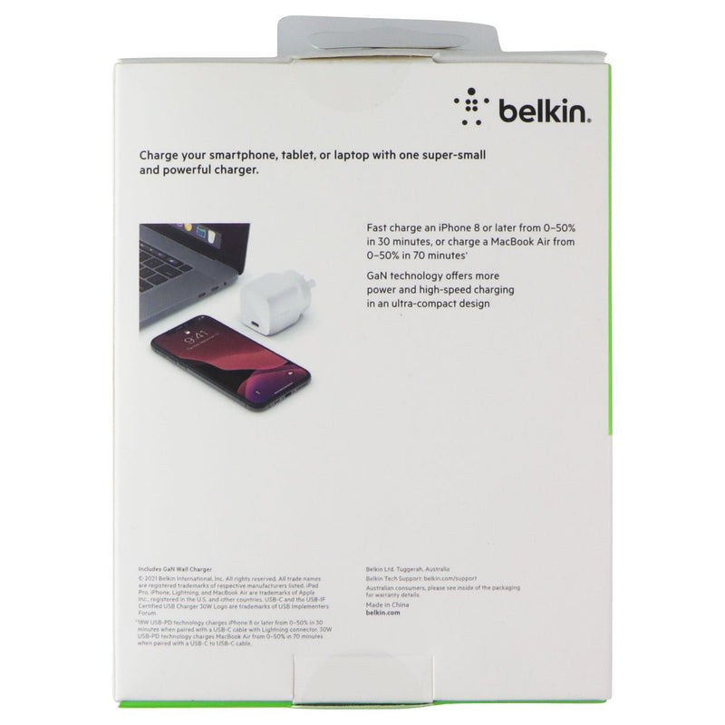 Belkin BoostCharge 30W USB-C GAN Wall Charger - White (AUSTRALIAN PLUG)