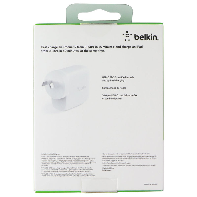 Belkin BoostCharge 40W Dual Port USB-C Wall Charger - White (AU Plug)