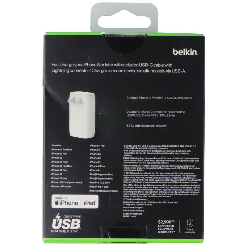 Belkin BoostCharge 37W Dual USB-C/USB-A Wall Charger w/ USB-C to 8-Pin Cable