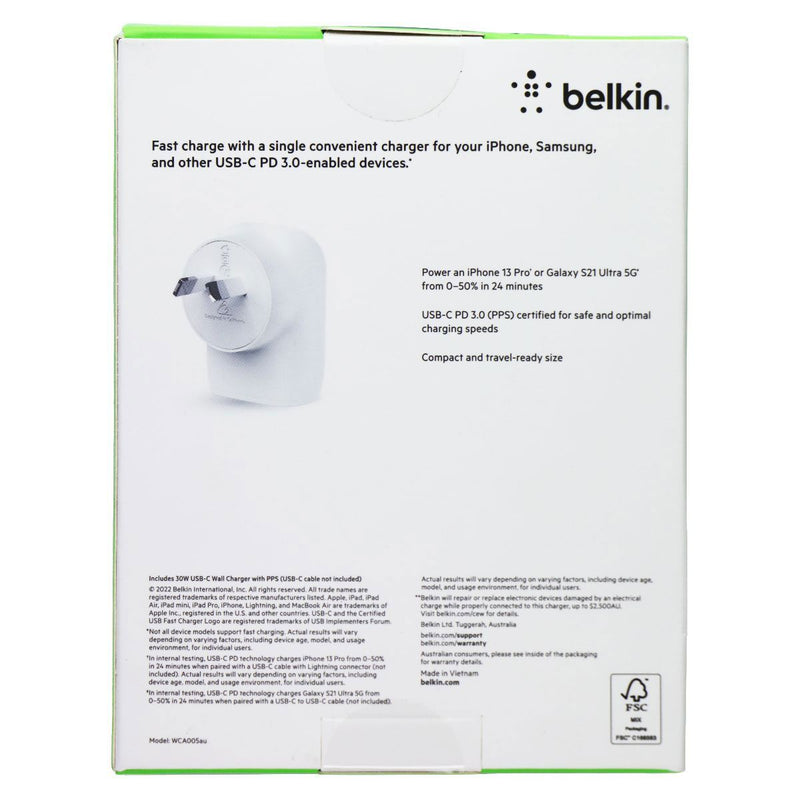 Belkin BoostCharge 30W USB-C Wall Charger - White (WCA005AUWH) (Australian)