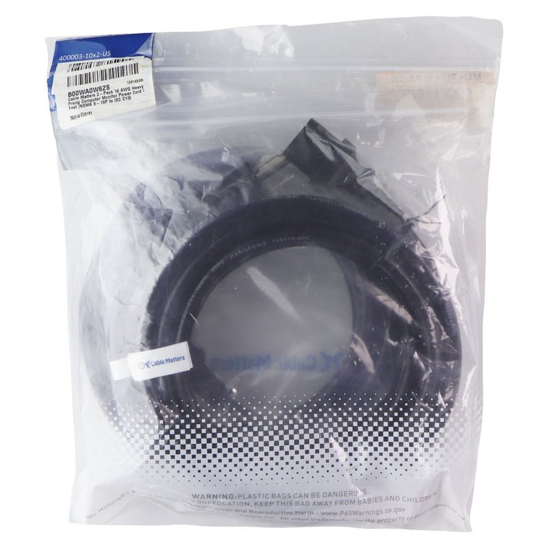 Cable Matters AWG Computer AC Power Cord - NEMA 5-15P to IEC C13 - 10 Feet (2Pk)