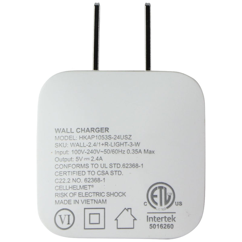 CellHelmet Wall Charger (2.4A / 12W) and USB-A to 8-Pin Lightning (3-Ft) - White