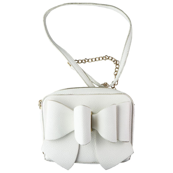 Crossi Leather Zip-Up Bowtie Handbag Purse with Shoulder Strap - White/Gold
