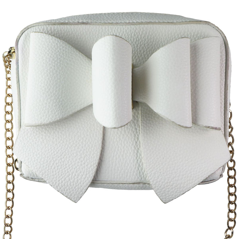 Crossi Leather Zip-Up Bowtie Handbag Purse with Shoulder Strap - White/Gold
