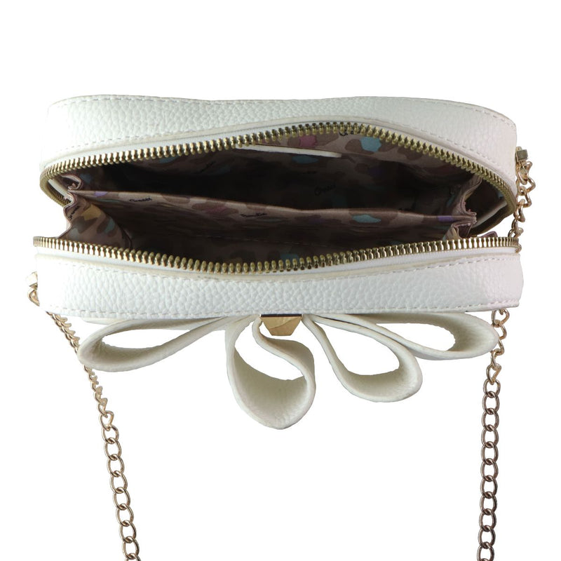 Crossi Leather Zip-Up Bowtie Handbag Purse with Shoulder Strap - White/Gold
