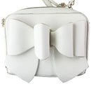 Crossi Leather Zip-Up Bowtie Handbag Purse with Shoulder Strap - White/Gold