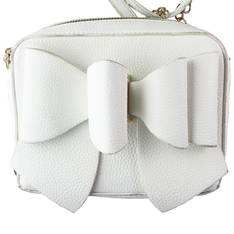 Crossi Leather Zip-Up Bowtie Handbag Purse with Shoulder Strap - White/Gold