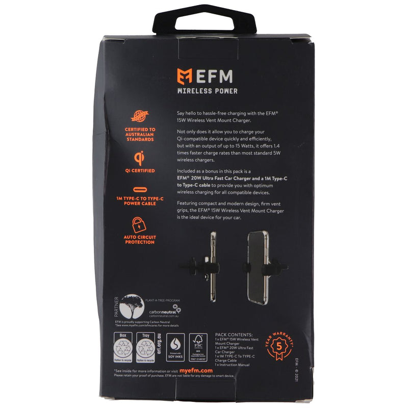 EFM 15W Wireless Vent Mount Charger for Qi Smartphones - Black