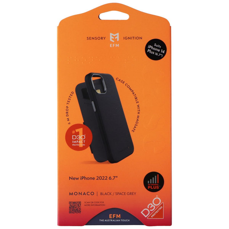 EFM Monaco Wallet Folio Case for MagSafe for Apple iPhone 14 Plus - Black/Gray