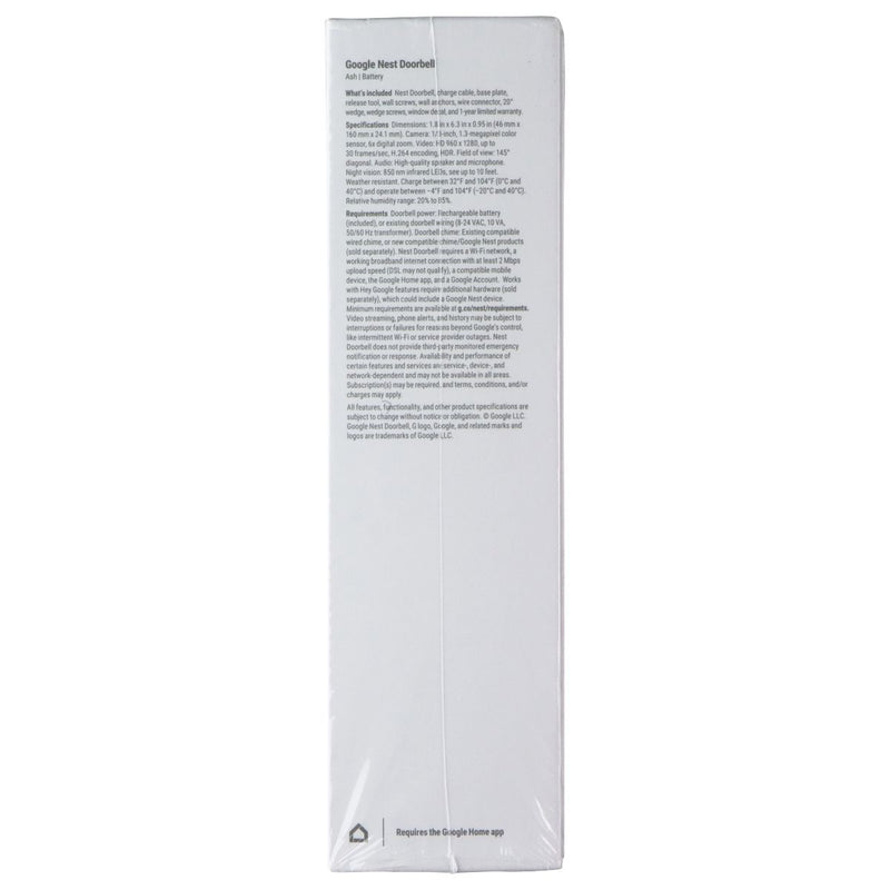 Google Nest Smart Video (Battery Powered) Doorbell (GA02076-US) - Ash