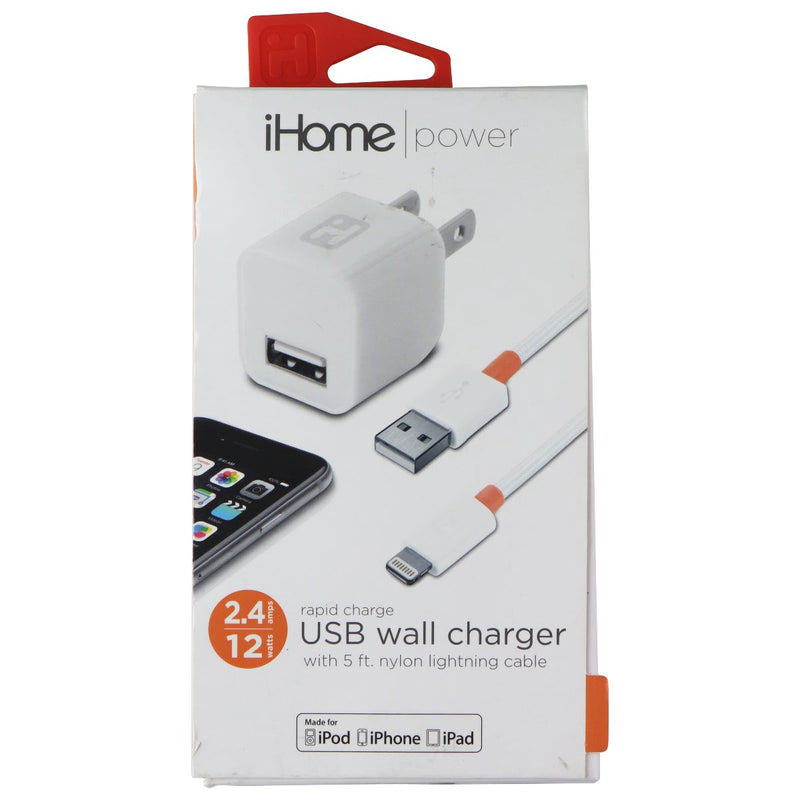 iHome (12W) Power USB Wall Charger with (5-Ft) Nylon 8-Pin Cable - White