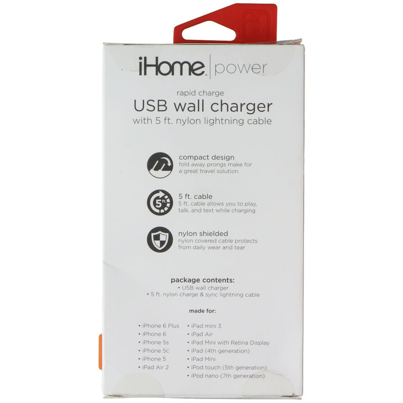 iHome (12W) Power USB Wall Charger with (5-Ft) Nylon 8-Pin Cable - White