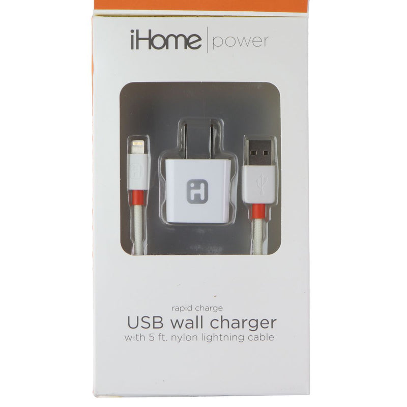 iHome (12W) Power USB Wall Charger with (5-Ft) Nylon 8-Pin Cable - White