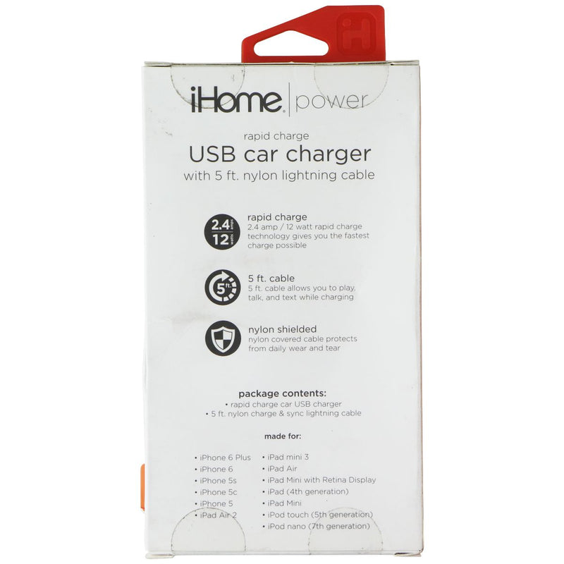 iHome Power 12W USB Car Charger with 5Ft Lightning 8-Pin Cable - White / Orange