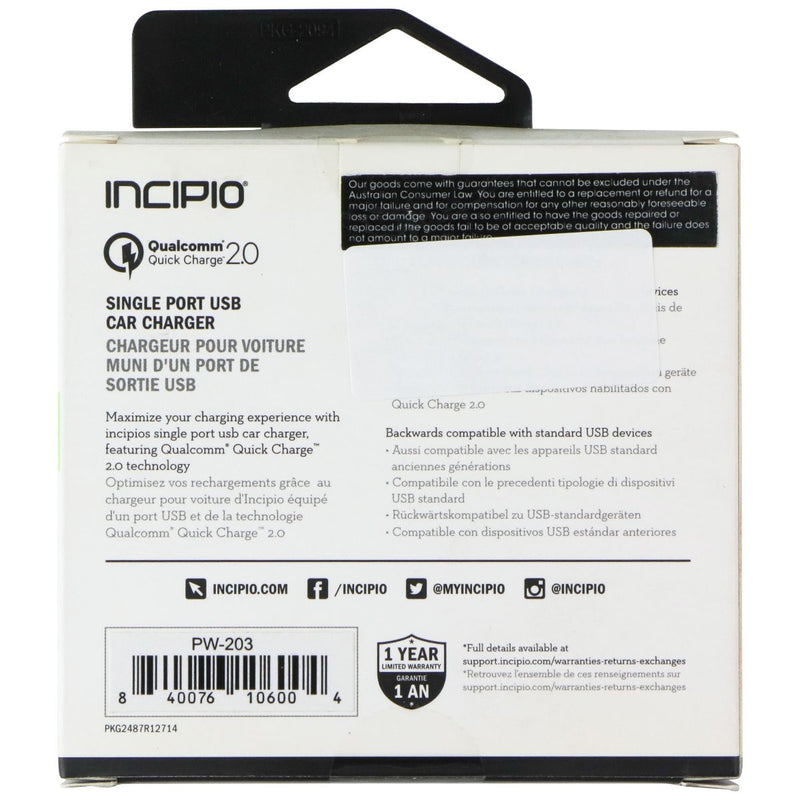 Incipio Qualcomm 2.0 Single Port Car Adapter for USB Devices - Black (PW-203)
