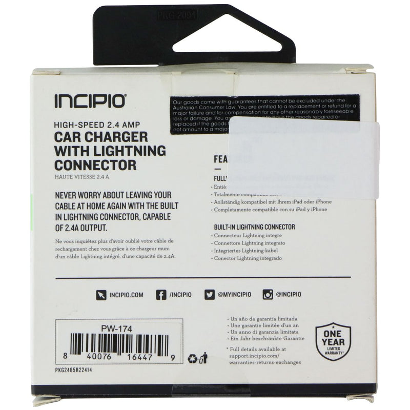 Incipio High Speed 2.4 AMP Car Charger with 8-Pin Connector - Black (PW-174)