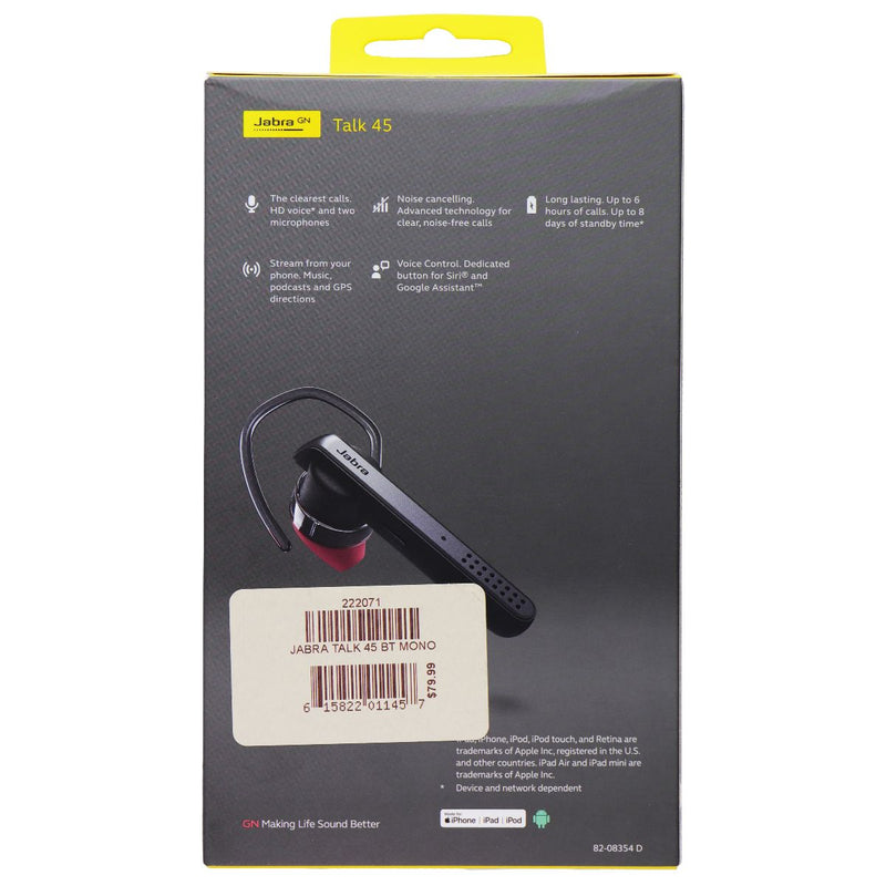 Jabra Talk 45 Wireless Bluetooth Single In-Ear Headset with Ear-Hook - Black