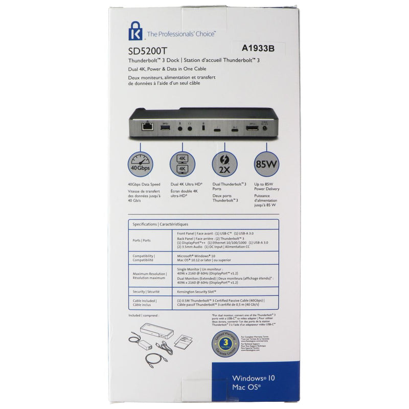 Kensington SD5200T Thunderbolt 3 Docking Station (85W PD) for Mac/PC (K38300NA)