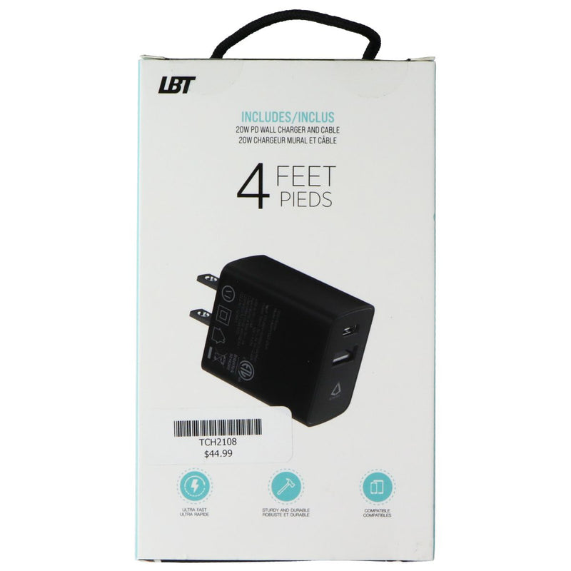 LBT 20W Dual Port (USB-A/USB-C) Wall Charger w/ 4FT USB-C to USB-C Cable - Black