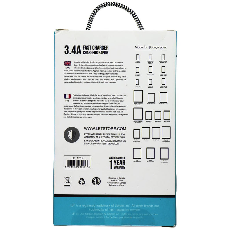 LBT 3.4 Amp 2 USB Fast Charger and (5FT) USB to Lightning 8-Pin Cable