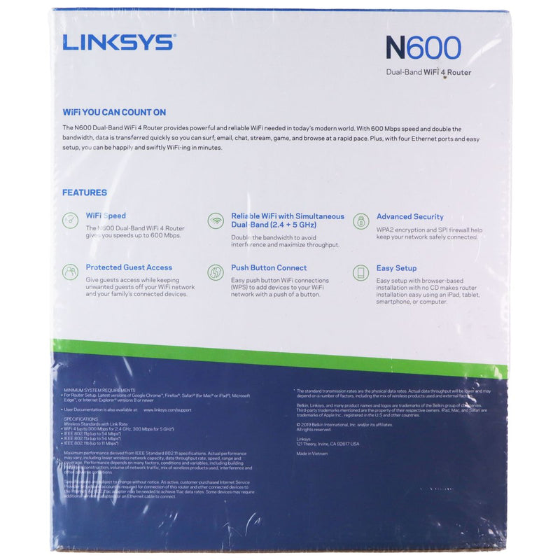 Linksys N600 4 Port Dual-Band 2.4GHz/5GHZ Wireless Router - Black (E2500-4B)