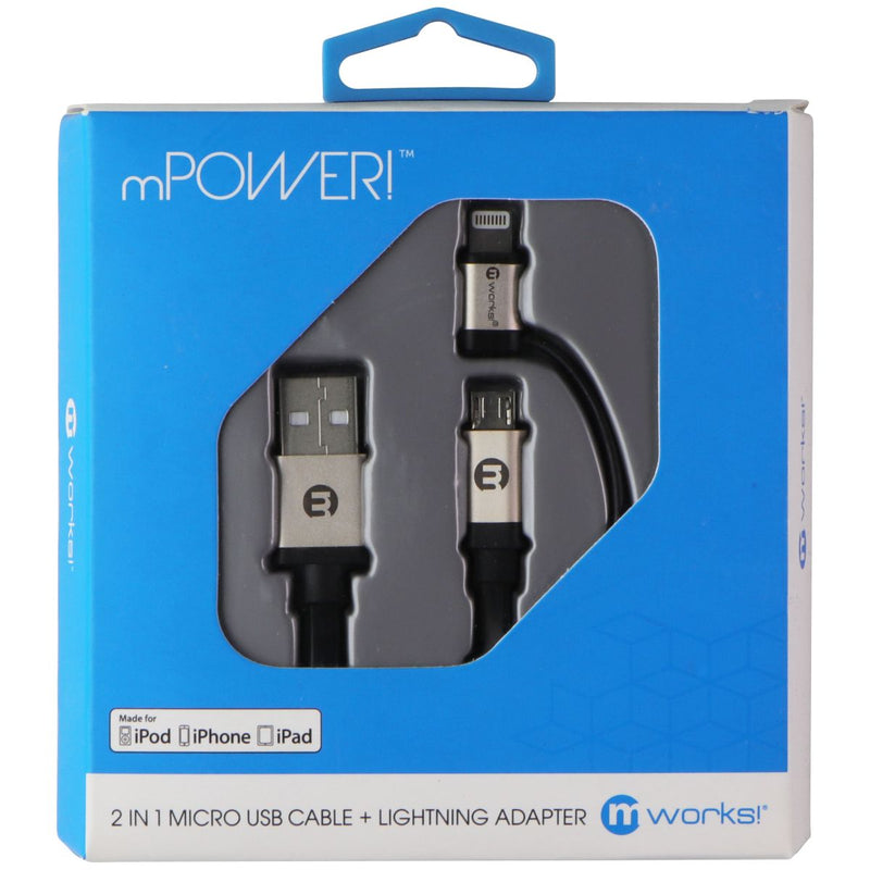 mWorks! mPower! 2-in-1 Micro USB Cable & Lightning Adapter - Black / Silver