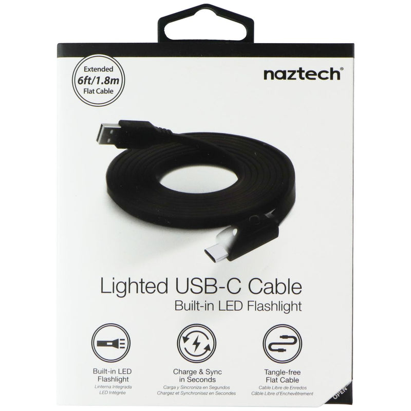 naztech (6ft/1.8m) Lighted USB-C Flat Cable with Built-in LED Flashlight - Black