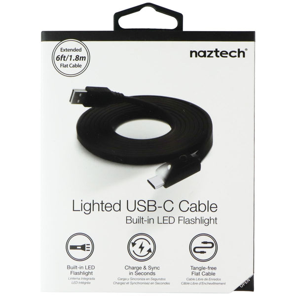naztech (6ft/1.8m) Lighted USB-C Flat Cable with Built-in LED Flashlight - Black