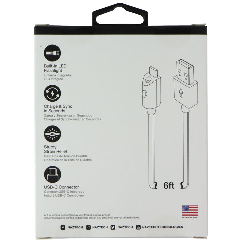 naztech (6ft/1.8m) Lighted USB-C Flat Cable with Built-in LED Flashlight - Black