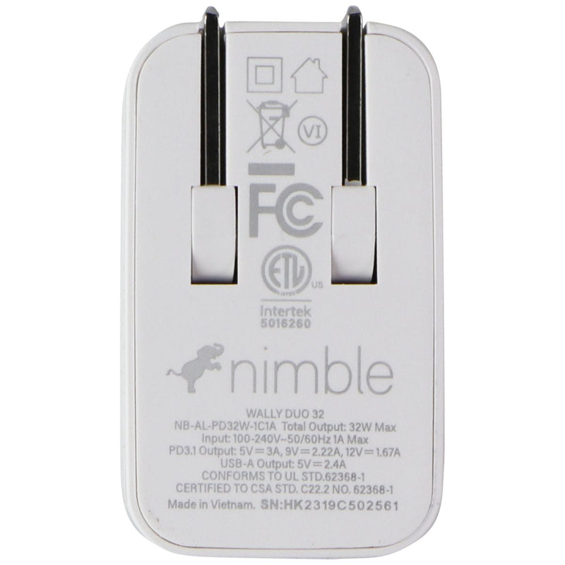 Nimble Wally Duo (32W) Dual-Port (USB-C and USB-A) Wall Charger - Polar White
