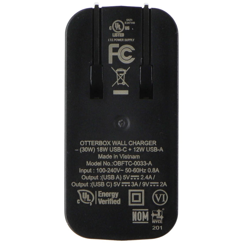 OtterBox (30W) FastCharge Dual Port Wall Charger USB-A (12W)/USB-C (18W) - Black