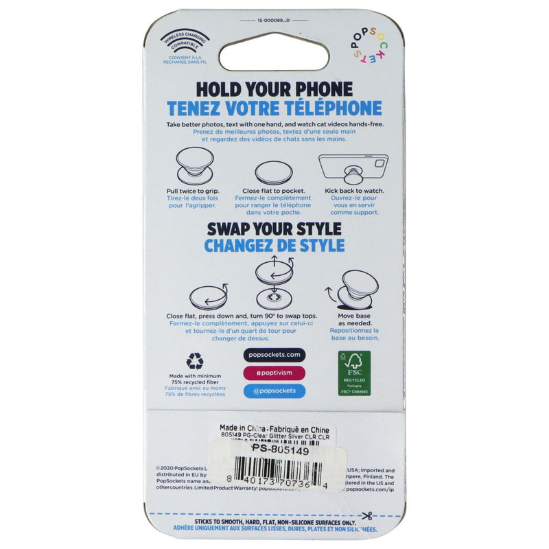 PopSockets PopGrip with Swappable Top for Phones - Clear Glitter Silver