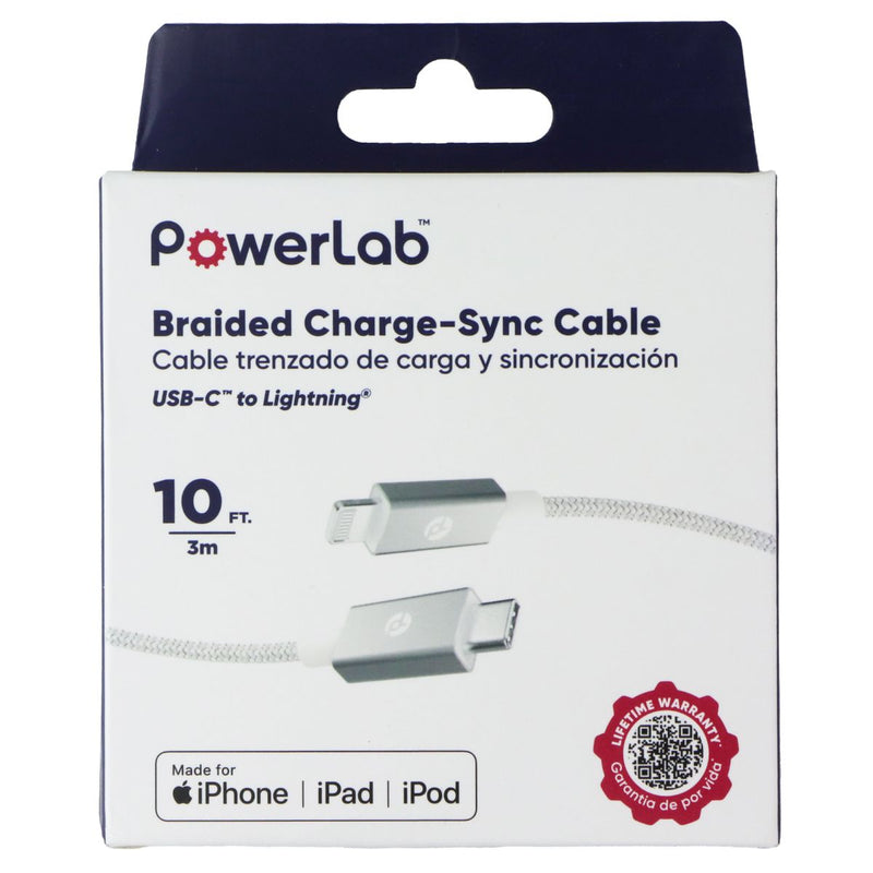 PowerLab Braided (10-Ft) USB-C to 8-Pin Charge Sync Cable - Silver/White