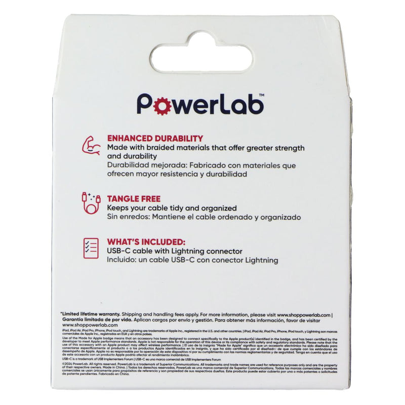 PowerLab Braided (10-Ft) USB-C to 8-Pin Charge Sync Cable - Silver/White