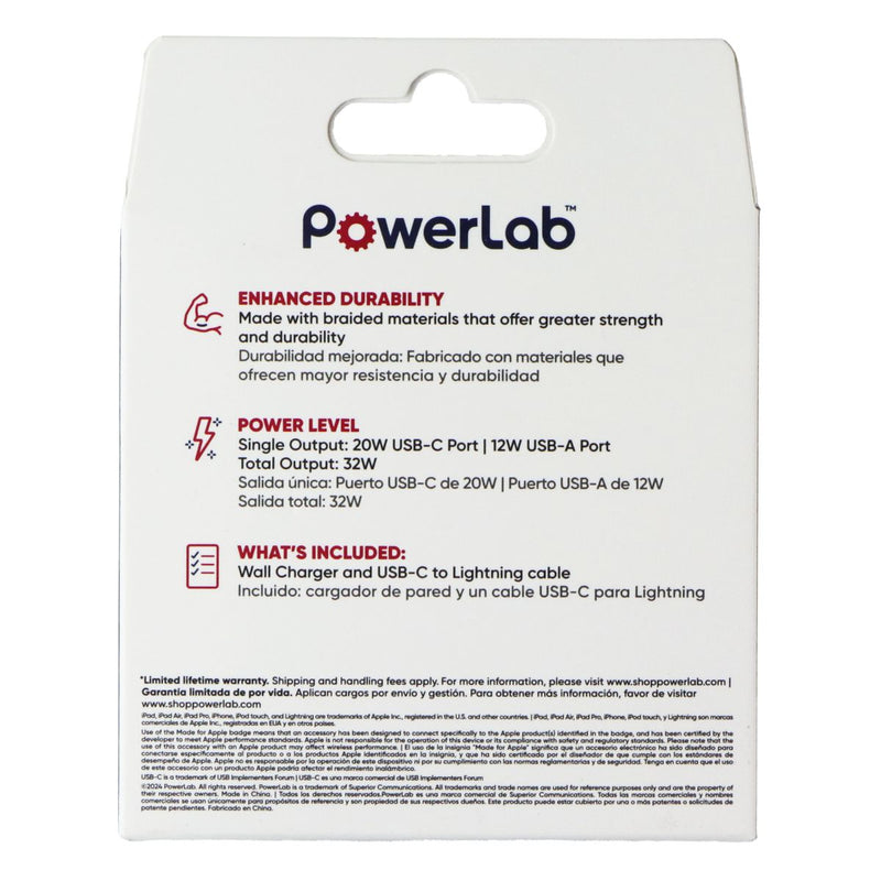 PowerLab USB-C to Lightning (8-Pin) Cable + USB-C/USB-A Wall Charger - White