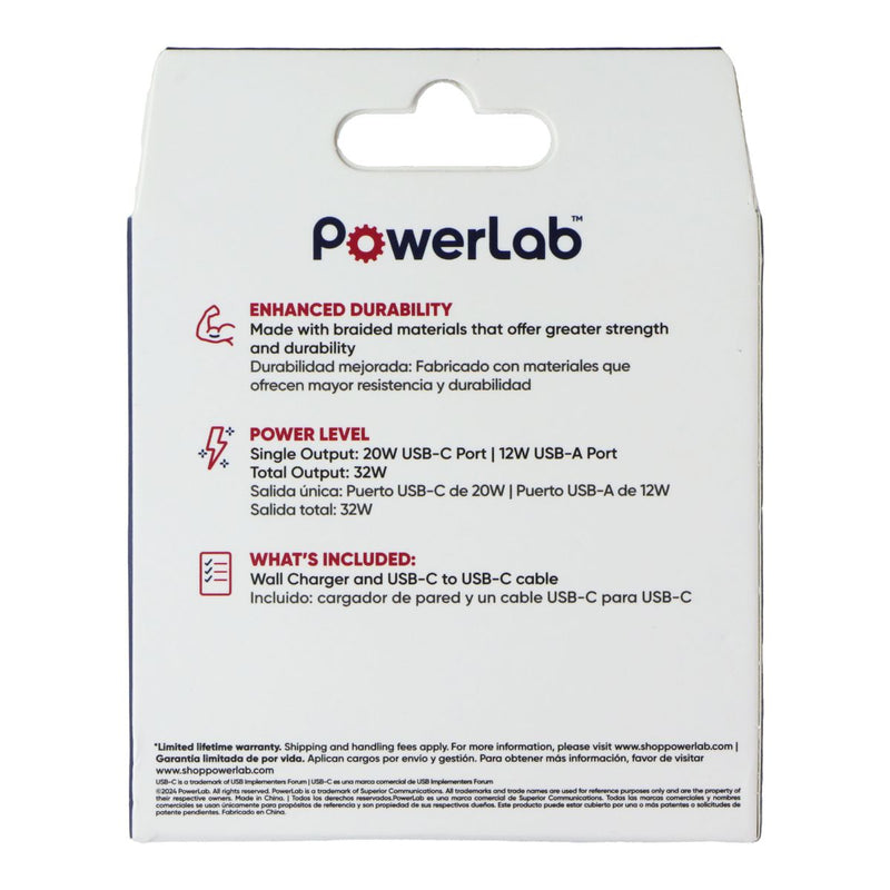 PowerLab 32W Wall Charger and 6-Ft USB-C to USB-C Cable - White/Silver