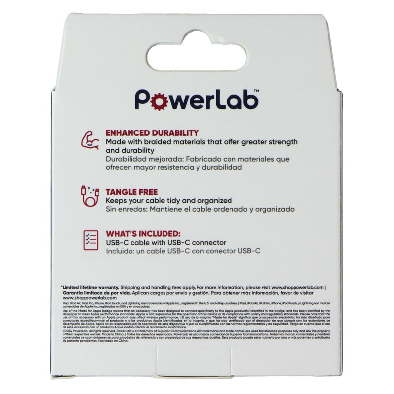 PowerLab 6FT Braided USB-C to USB-C Charge-Sync Cable - White